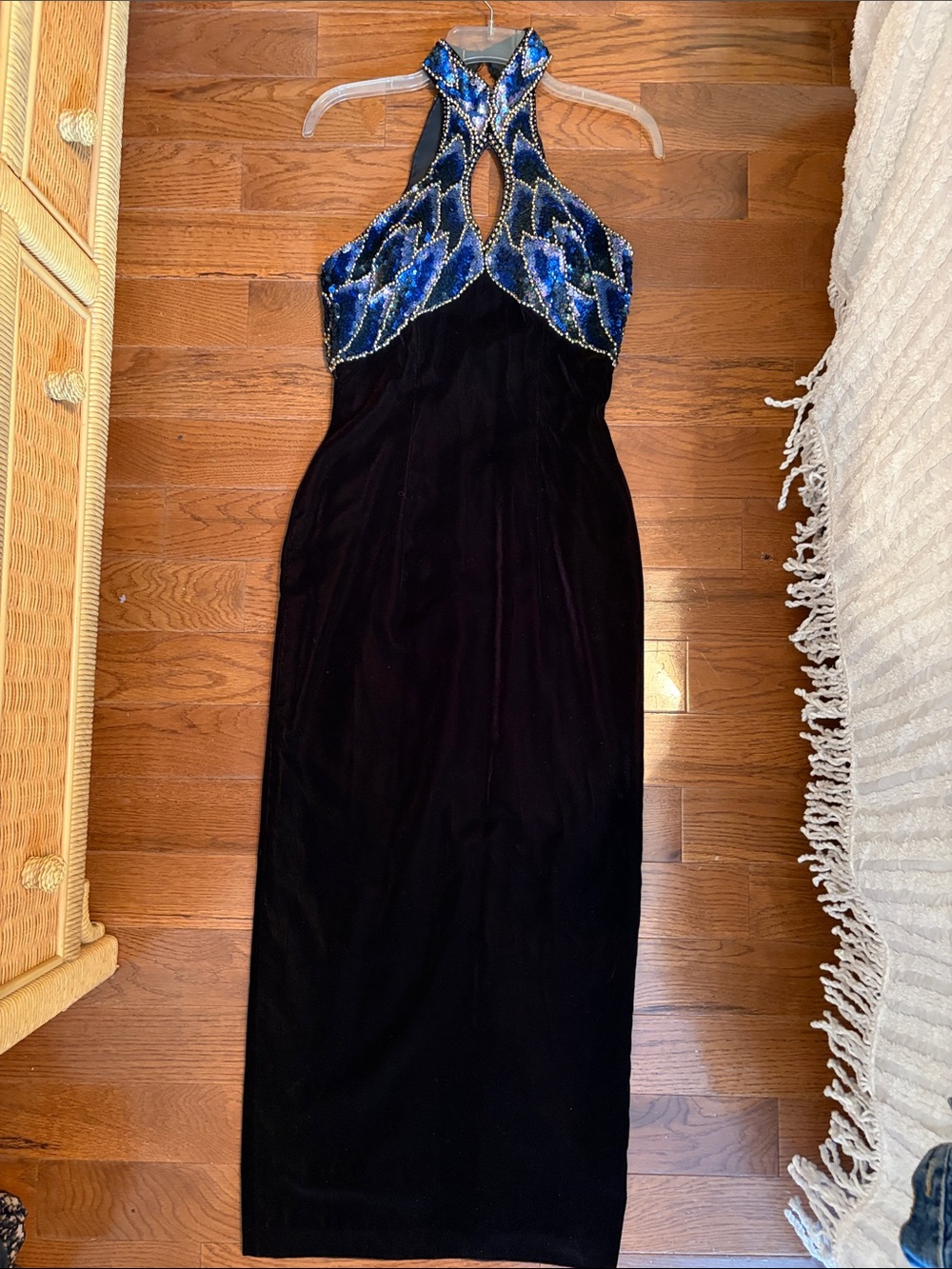 Vintage Alyce Deisgns Black Velvet Evening Gown with Blue Beaded Halter Design